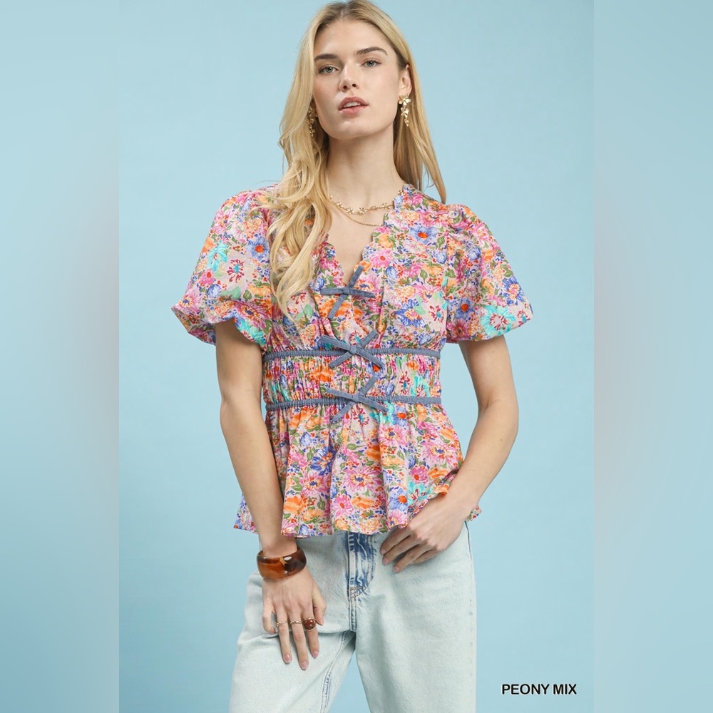 Umgee Mix Floral Smocked Waist Blouse